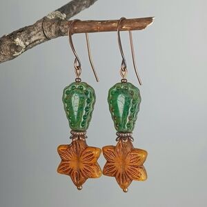 HAND CRAFTED Boho Southwest Green Orange Cactus Flower Glass Dangle Earrings